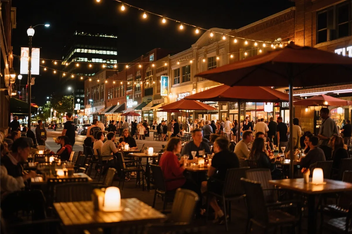 达拉斯夜间美食与街区氛围：暖色灯光下的露台餐桌与行人，适合世界杯赛后聚餐